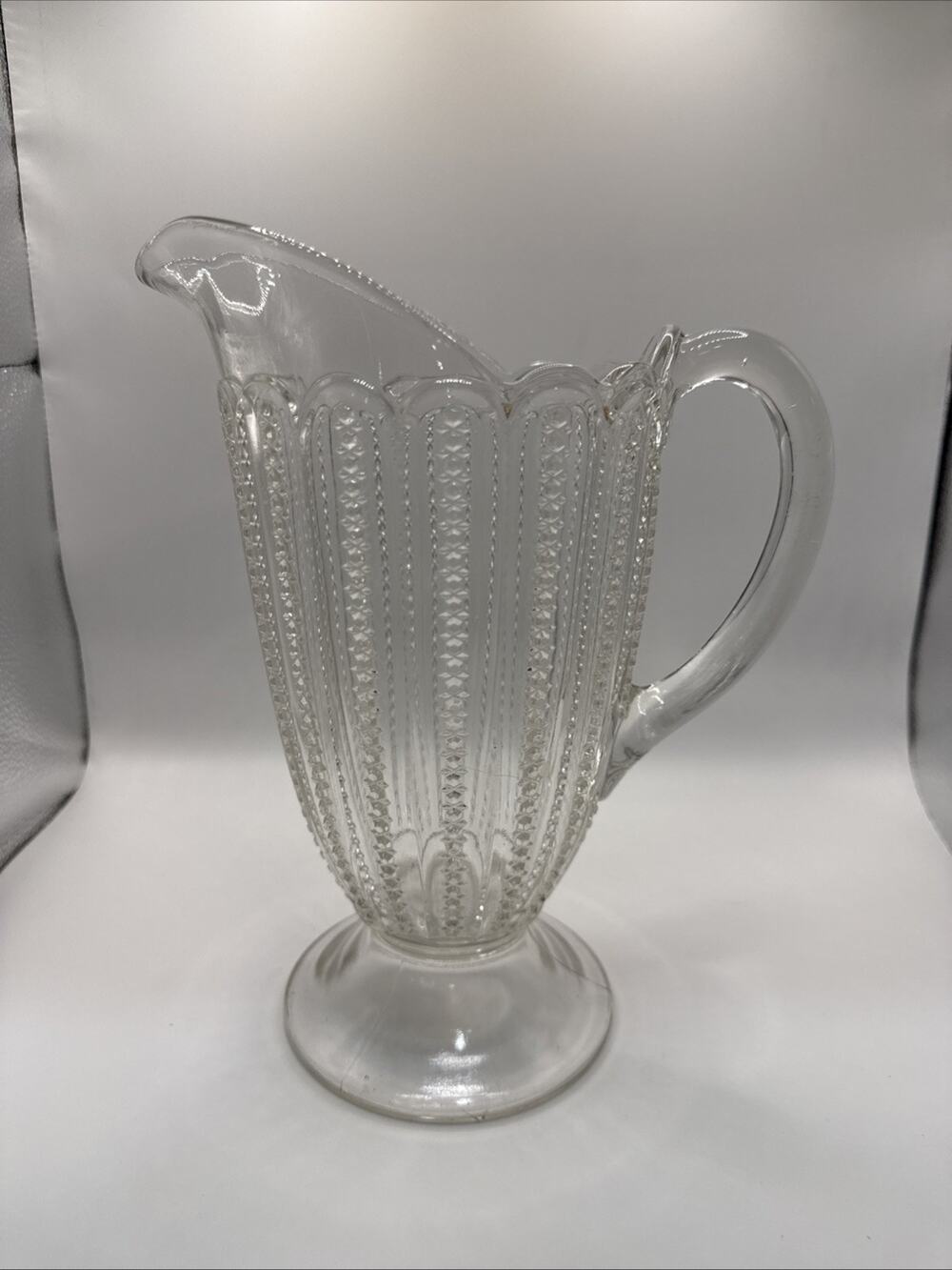 Vintage EAPG Pattern Glass Pitcher Diamond Swirl Zipper Footed Pedestal 9 1/2”